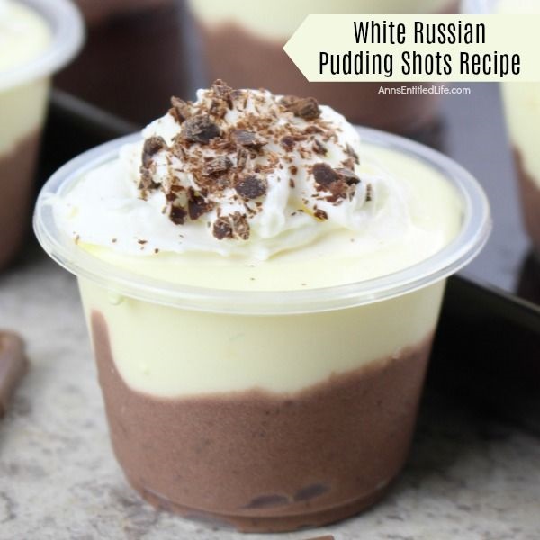 White Russian Pudding Shots Recipe. The melt-in-your-mouth creamy, rich, coffee-cocoa goodness of this white Russian pudding shots recipe will make it an immediate favorite at parties, get-togethers, and tailgating events. Simply follow these easy step-by-step pudding shot instructions to make these phenomenal white Russian pudding shots - your friends and family will thank you. Yum!