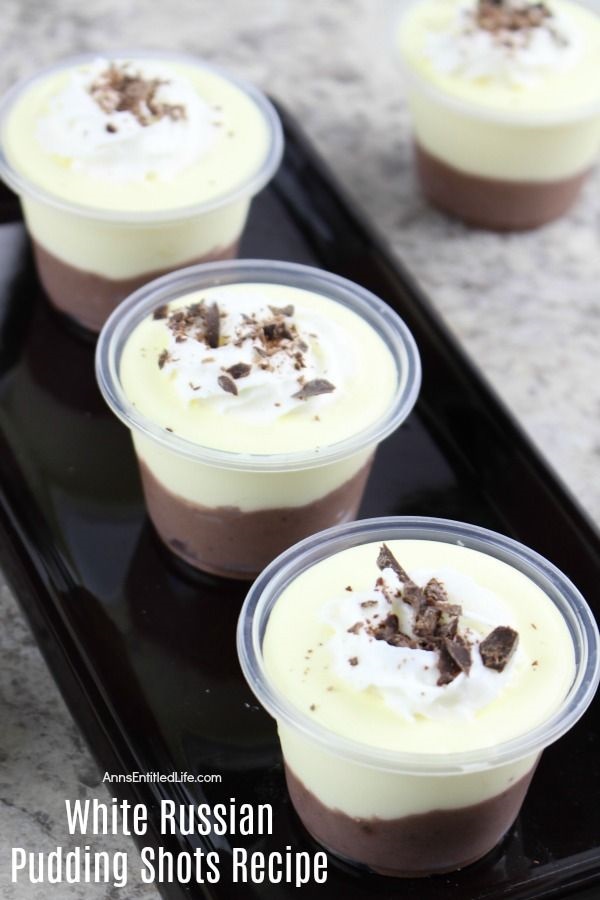 White Russian Pudding Shots Recipe. The melt-in-your-mouth creamy, rich, coffee-cocoa goodness of this white Russian pudding shots recipe will make it an immediate favorite at parties, get-togethers, and tailgating events. Simply follow these easy step-by-step pudding shot instructions to make these phenomenal white Russian pudding shots - your friends and family will thank you. Yum!