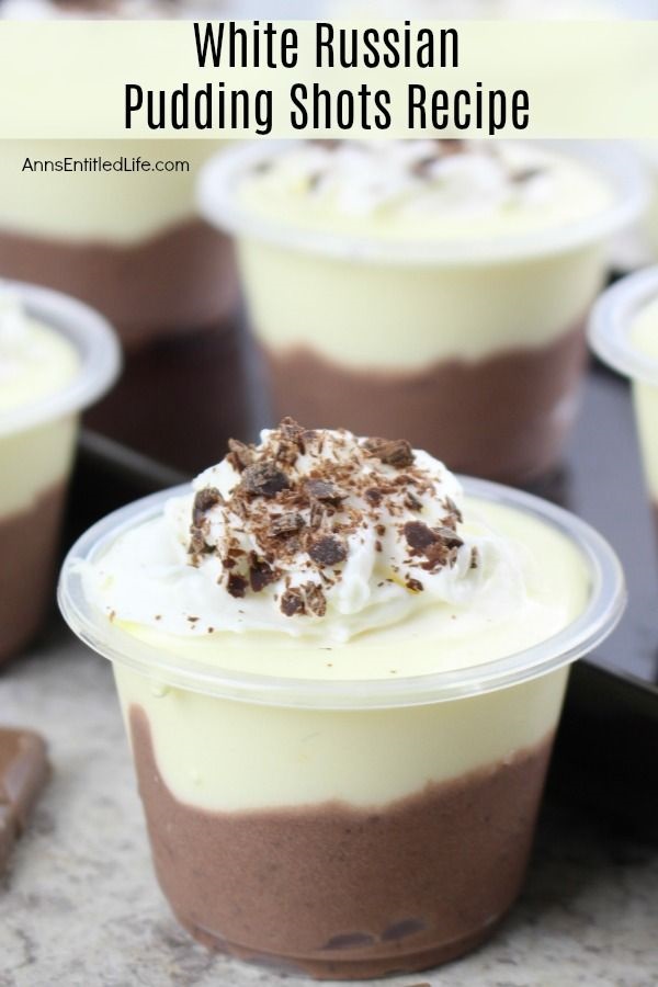 White Russian Pudding Shots Recipe. The melt-in-your-mouth creamy, rich, coffee-cocoa goodness of this white Russian pudding shots recipe will make it an immediate favorite at parties, get-togethers, and tailgating events. Simply follow these easy step-by-step pudding shot instructions to make these phenomenal white Russian pudding shots - your friends and family will thank you. Yum!