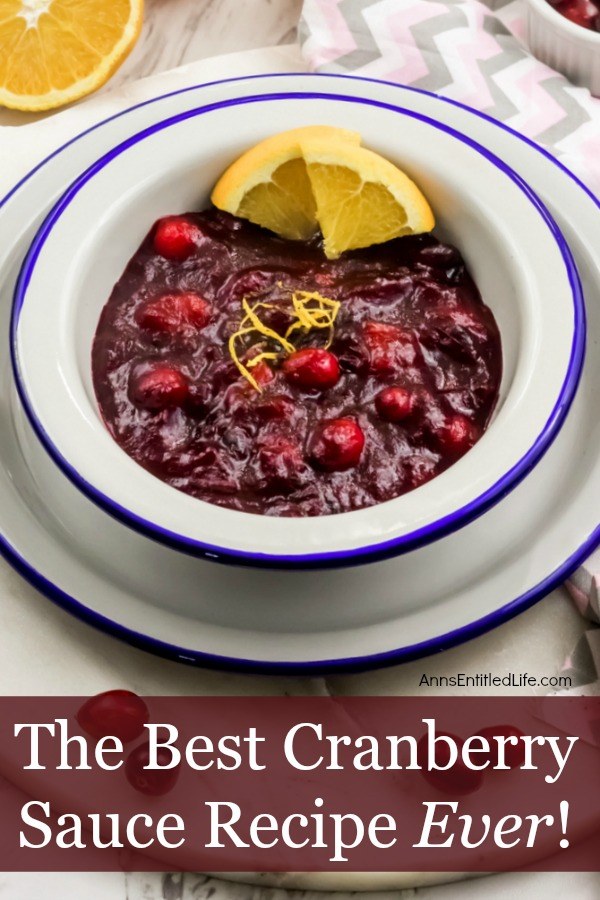 a white bowl with blue trim is filled with cranberry sauce