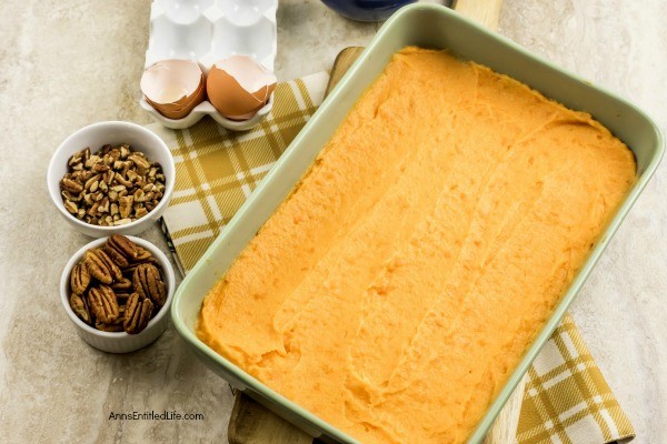 Sweet Potato Casserole Recipe. A delicious, easy to prepare sweet potato casserole recipe you entire family will enjoy. This classic sweet potato recipe is a wonderful side dish that pairs well with turkey, chicken or pork.