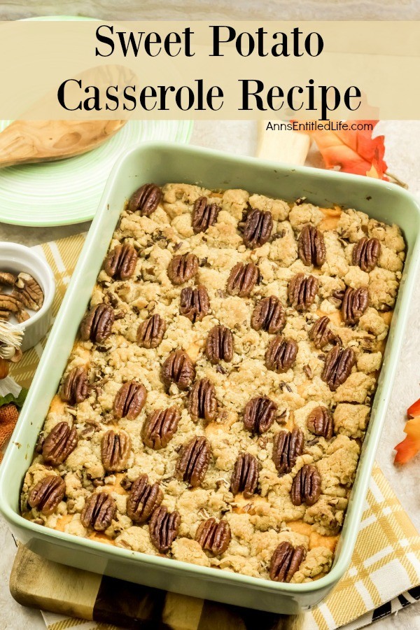 an overhead view of a  green baking pan filled with sweet potato casseole