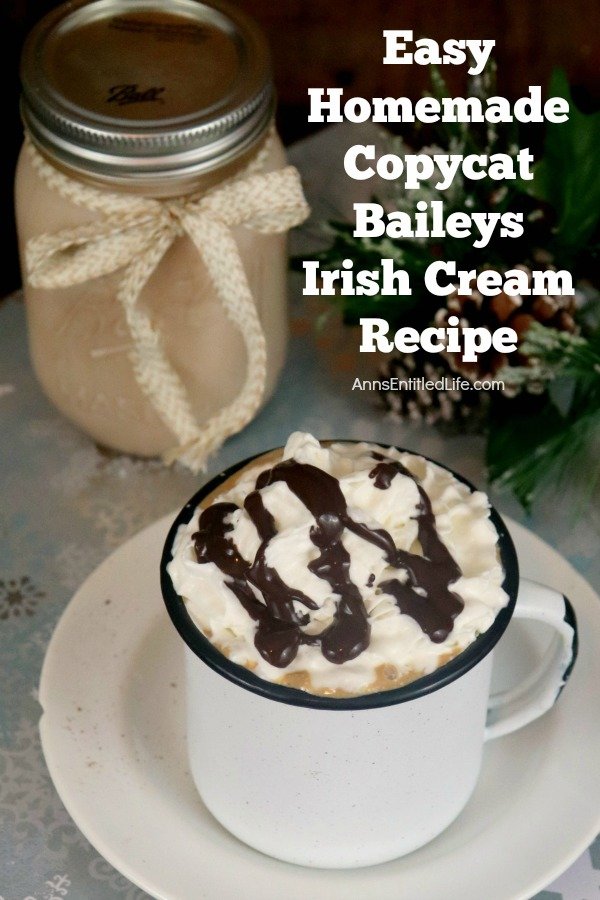 Easy Homemade Copycat Baileys Irish Cream Recipe. Learn how to make this copycat, homemade version of Baileys Irish Cream with this fast and easy recipe tutorial. Rich, creamy, with that slight whiskey-bite, and ready in less than a minute, this copycat Bailey recipe is simply fantastic. Make your own Irish cream to enjoy on the rocks, or in your favorite cocktail beverage.