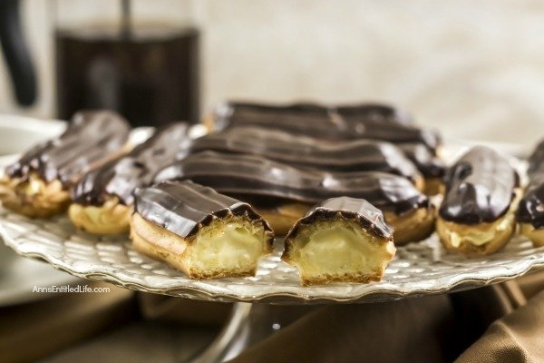 Homemade Chocolate Eclair Recipe. There is no more sophisticated pastry than an eclair! From filling a holiday dessert tray, to an elegant shower confection, or simply passed around at a party on a tray, this homemade chocolate eclair recipe will satisfy and impress with its creamy rich filling, and slightly sweet chocolate ganache topping. These homemade chocolate eclairs are an outstanding dessert perfect for any occasion.