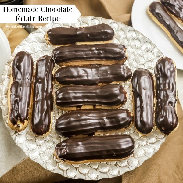 Homemade Chocolate Eclair Recipe. There is no more sophisticated pastry than an eclair! From filling a holiday dessert tray, to an elegant shower confection, or simply passed around at a party on a tray, this homemade chocolate eclair recipe will satisfy and impress with its creamy rich filling, and slightly sweet chocolate ganache topping. These homemade chocolate eclairs are an outstanding dessert perfect for any occasion.