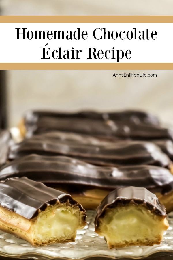 Homemade Chocolate Eclairs Recipe. There is no more sophisticated pastry than an eclair! From filling a holiday dessert tray, to an elegant shower confection, or simply passed around at a party on a tray, this homemade chocolate eclair recipe will satisfy and impress with its creamy rich filling, and slightly sweet chocolate ganache topping. These homemade chocolate eclairs are an outstanding dessert perfect for any occasion.