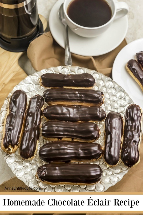 Homemade Chocolate Eclairs Recipe. There is no more sophisticated pastry than an eclair! From filling a holiday dessert tray, to an elegant shower confection, or simply passed around at a party on a tray, this homemade chocolate eclair recipe will satisfy and impress with its creamy rich filling, and slightly sweet chocolate ganache topping. These homemade chocolate eclairs are an outstanding dessert perfect for any occasion.