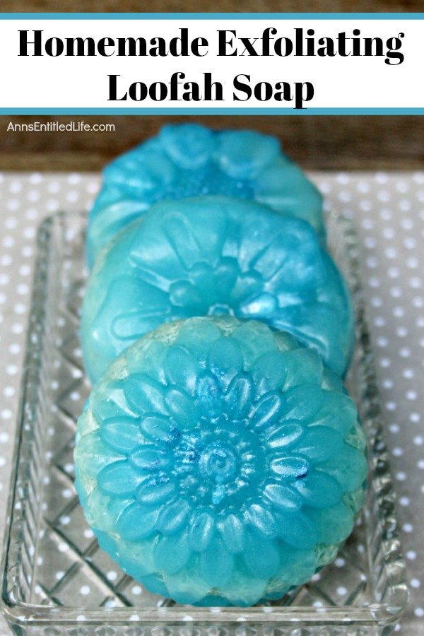 3 blue homemade loofah soap on a crystal tray