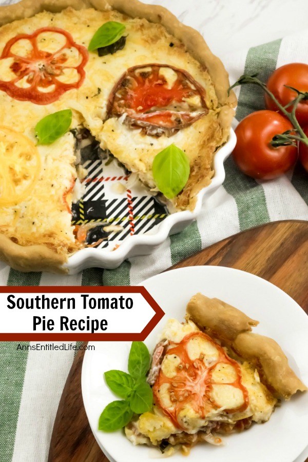 A piece of southern tomato pie is plated on a white plate, the remainder of the dish is in the upper left.