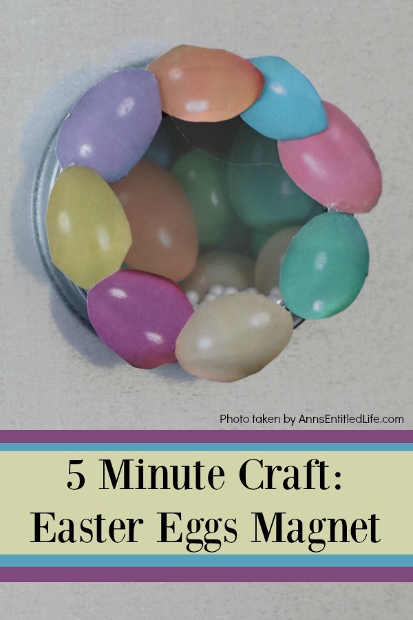 A hanging magnet filled with sparkle fill and surrounded by easter eggs