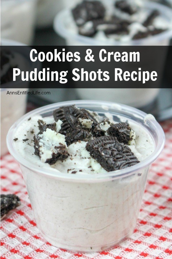  Close-up of cookies and cream pudding shot sitting on a red and white checked cloth