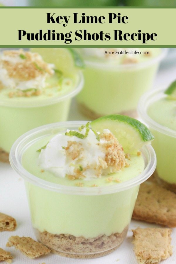Close up of key lime pie pudding shot surrounded by Graham crackers and more pudding shots in the background