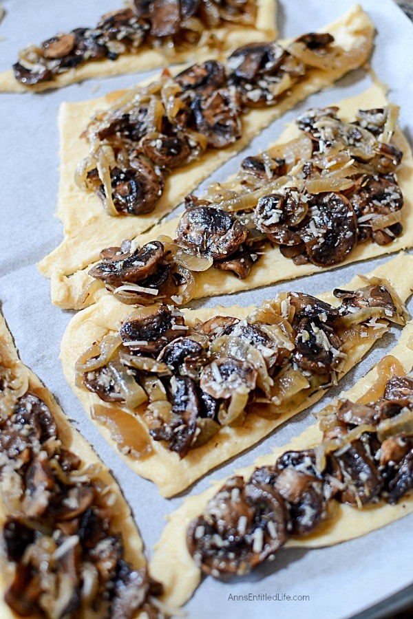 Mushroom Gruyère Triangle Tarts Recipe. A sophisticated, yet simple appetizer or lunch dish, these Mushroom Gruyère Triangle Tarts are super easy to make! Slightly salty, slightly sweet, this delicious little dish is perfect for parties, get togethers, or when you want something a little different for luncheon.