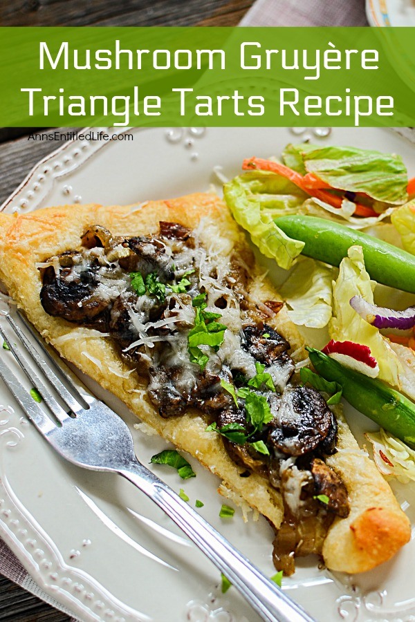 Mushroom Gruyère Triangle Tarts Recipe. A sophisticated, yet simple appetizer or lunch dish, these Mushroom Gruyère Triangle Tarts are super easy to make! Slightly salty, slightly sweet, this delicious little dish is perfect for parties, get togethers, or when you want something a little different for luncheon.