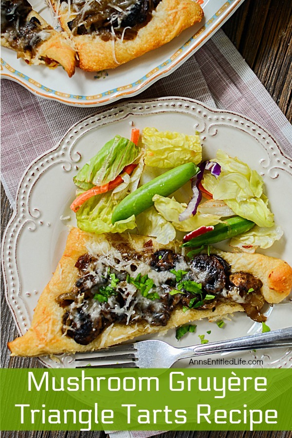 Mushroom Gruyère Triangle Tarts Recipe. A sophisticated, yet simple appetizer or lunch dish, these Mushroom Gruyère Triangle Tarts are super easy to make! Slightly salty, slightly sweet, this delicious little dish is perfect for parties, get-togethers, or when you want something a little different for luncheon.