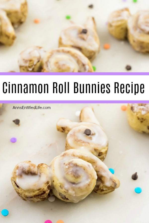 Cinnamon rolls in the shape of a bunny on a white table. There are multicolored dots decorating the tabletop