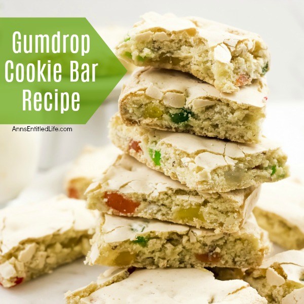 Gumdrop Cookie Bar Recipe. If you do not have a lot of time this holiday season (and who does?) this simple cookie bar is the perfect holiday treat to make for holiday gathering, lunchboxes, school treats, or to bring into the office. Festive, fun, and a snap to make, these Gumdrop Cookie Bars are great for children and adults alike.