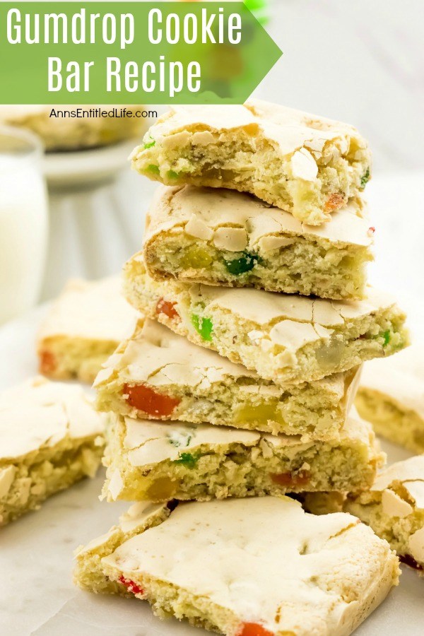 five gumdrop cookie bars on a holiday plate