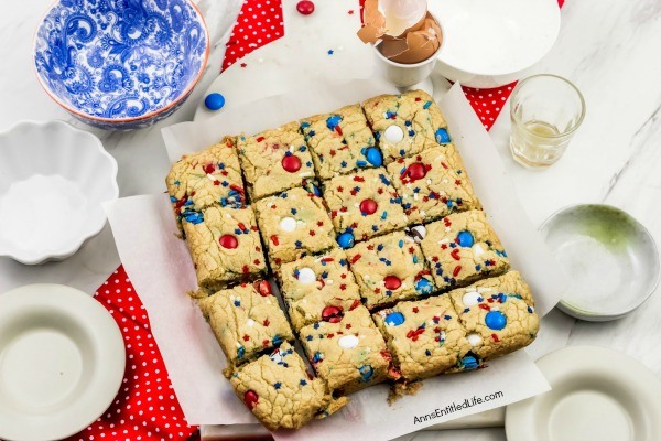 Fireworks Blondies Recipe. These fun, easy to make Fireworks Blondies are the perfect treat for your patriotic celebration. These delicious little bars transport well. Add M&Ms, sprinkles, red, white, blue jimmies or stars to customize your Independence Day dessert.