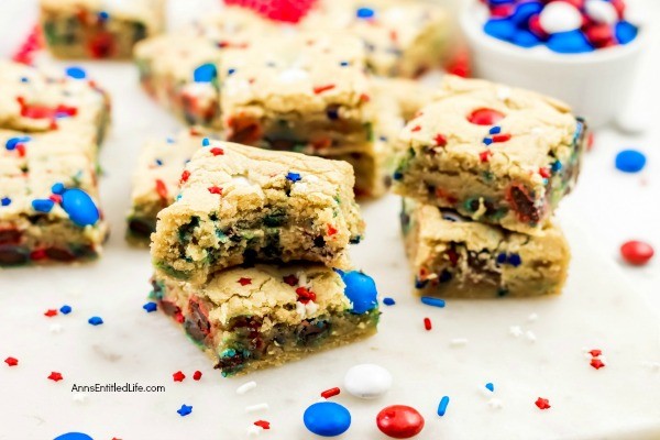 Fireworks Blondies Recipe. These fun, easy to make Fireworks Blondies are the perfect treat for your patriotic celebration. These delicious little bars transport well. Add M&Ms, sprinkles, red, white, blue jimmies or stars to customize your Independence Day dessert.