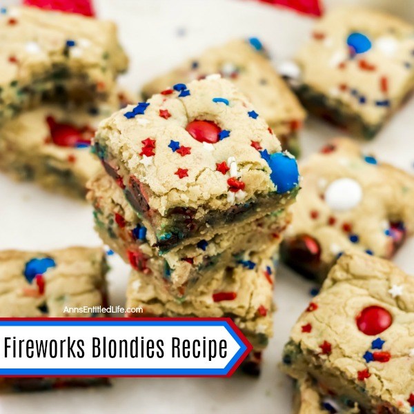 Fireworks Blondies Recipe. These fun, easy to make Fireworks Blondies are the perfect treat for your patriotic celebration. These delicious little bars transport well. Add M&Ms, sprinkles, red, white, blue jimmies or stars to customize your Independence Day dessert.