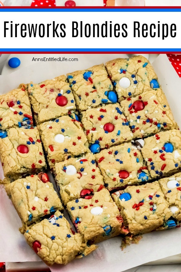 festive red, white, and blue blondies bars on a white plate