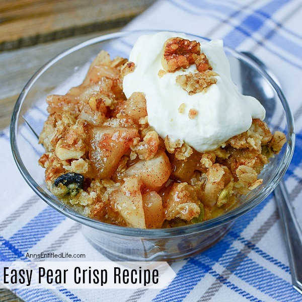 Easy Pear Crisp Recipe. This fantastic, easy to make pear crisp recipe is so sweet and tasty! As a bonus, it smells heavenly! The sweet taste of fall is on your tongue with this perfect recipe for those freshly harvested pears.