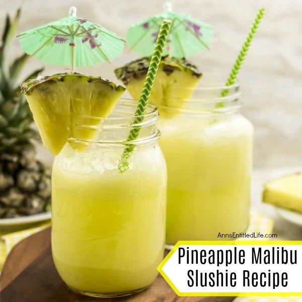 Pineapple Malibu Slushie Recipe. Mmmmm nothing beats a cold slushie on a hot summer day! This pineapple Malibu slushie cocktail is easy to make, frosty cold, and oh so delicious. Try one while sitting in the backyard, or lounging by the pool this weekend.