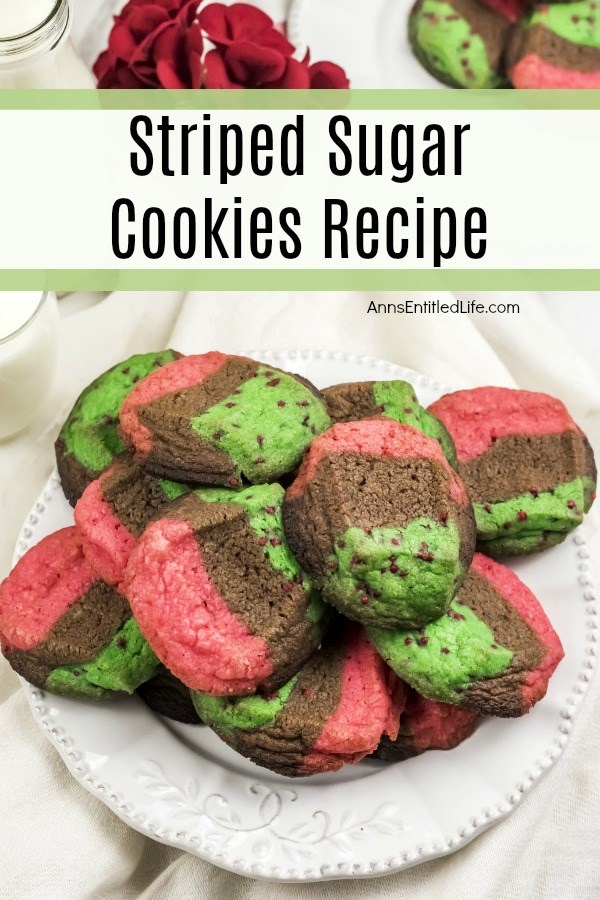 red, green, chocolate striped cookies on a white plate, on a white napkin background