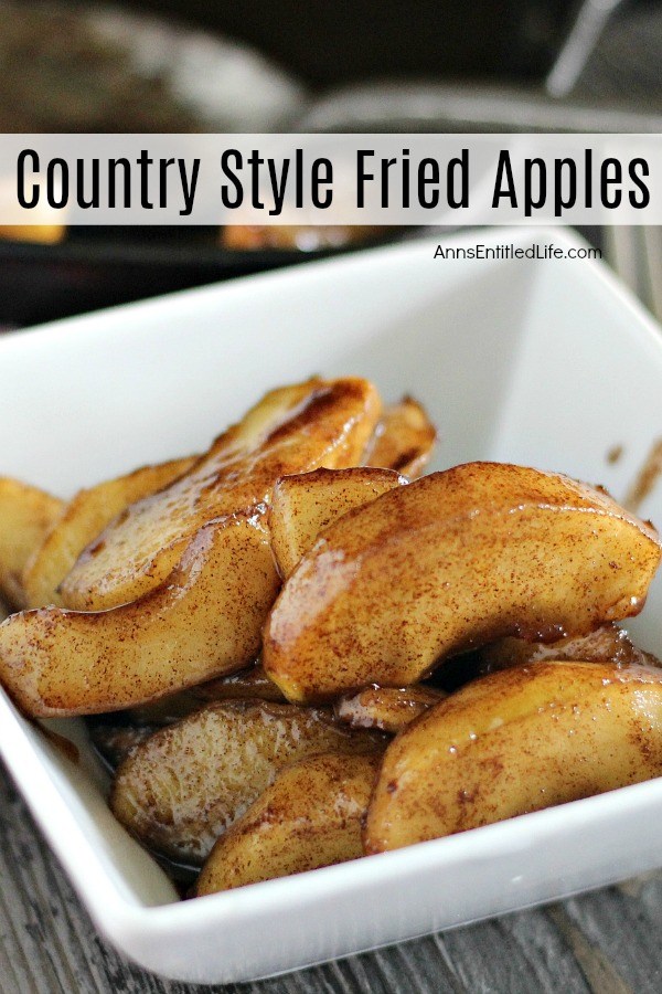 country-style fried apples in a white bowl on a grey background