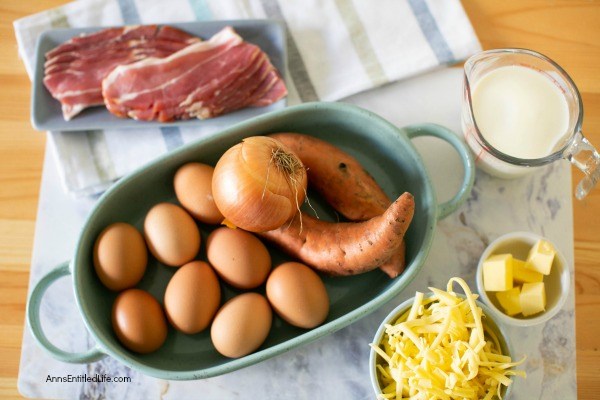 Sweet Potato and Bacon Quiche Recipe. This easy to make quiche recipe is loaded with bacon-y goodness, delicious sweet potatoes, and farm fresh eggs. A perfect breakfast, lunch, or dinner recipe, this sweet potato and bacon quiche is a fantastic family meal.