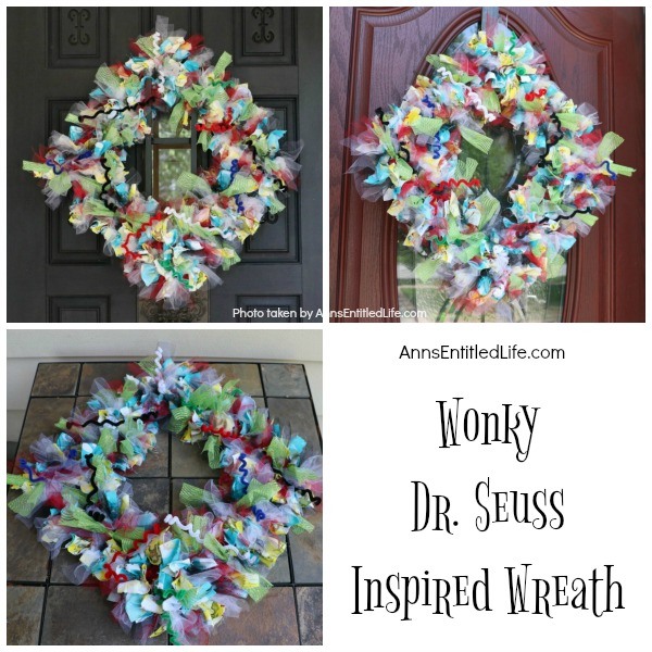 Wonky Dr. Seuss Inspired Wreath. This easy to make, wonky Dr. Seuss inspired wreath is great for all fans of Dr. Seuss literature and artwork. Fully customizable using these step-by-step instructions to reflect your favorite Dr. Seuss story, this wreath makes a wonderful gift for teachers, baby showers, a child's room, or your front door!