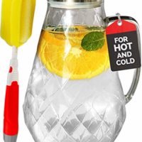 Glass Water Pitcher with Diamond Pattern and TIGHT Lid 72 ounces, THICKER Heat Resistant Borosilicate Glass Carafe with FREE Brush (in Christmas Ready Packaging) by Pykal