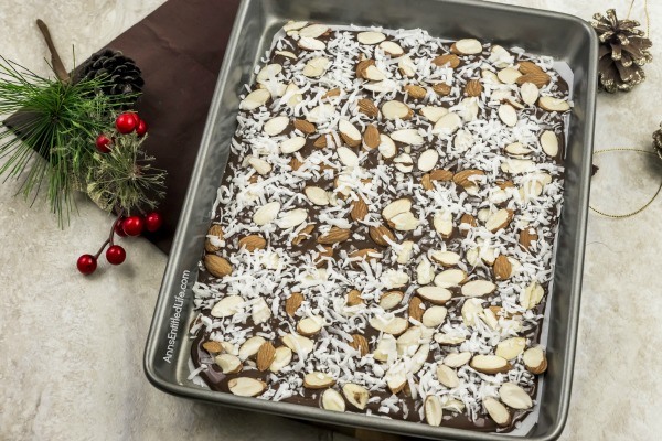 Almond Joy Bark Recipe. With all the classic flavors of an Almond Joy candy bar, this bark is rich and satisfying. Sweet coconut and decadent chocolate form the ultimate candy bark. This almond joy bark makes a perfect food-gift or a great addition to a holiday cookie platter or confection tray!