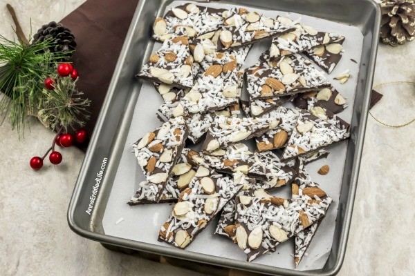 Almond Joy Bark Recipe. With all the classic flavors of an Almond Joy candy bar, this bark is rich and satisfying. Sweet coconut and decadent chocolate form the ultimate candy bark. This almond joy bark makes a perfect food-gift or a great addition to a holiday cookie platter or confection tray!