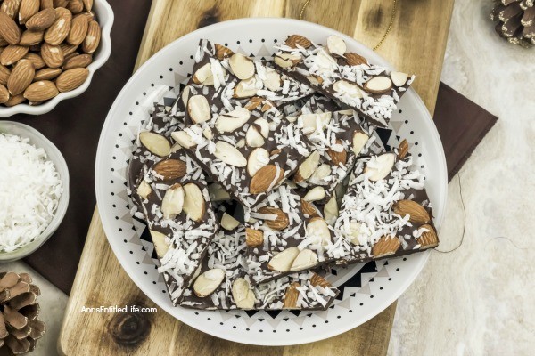 Almond Joy Bark Recipe. With all the classic flavors of an Almond Joy candy bar, this bark is rich and satisfying. Sweet coconut and decadent chocolate form the ultimate candy bark. This almond joy bark makes a perfect food-gift or a great addition to a holiday cookie platter or confection tray!