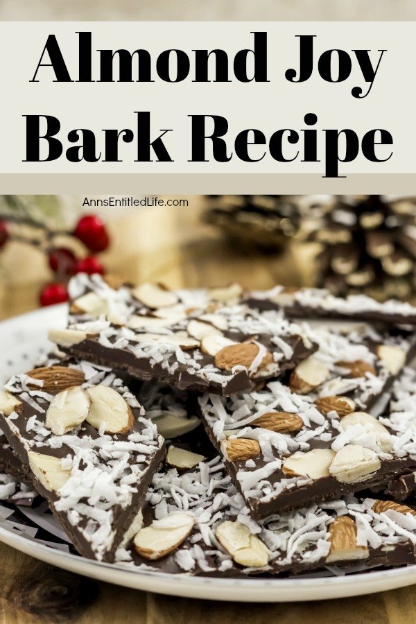 Almond Joy Bark Recipe. With all the classic flavors of an Almond Joy candy bar, this bark is rich and satisfying. Sweet coconut and decadent chocolate form the ultimate candy bark. This almond joy bark makes a perfect food-gift or a great addition to a holiday cookie platter or confection tray!