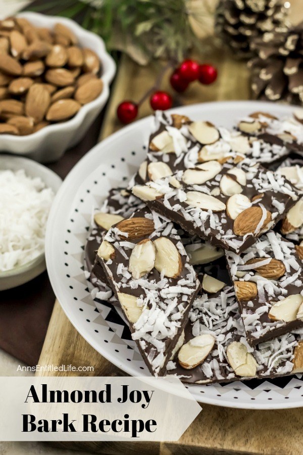 Almond Joy Bark Recipe. With all the classic flavors of an Almond Joy candy bar, this bark is rich and satisfying. Sweet coconut and decadent chocolate form the ultimate candy bark. This almond joy bark makes a perfect food-gift or a great addition to a holiday cookie platter or confection tray!