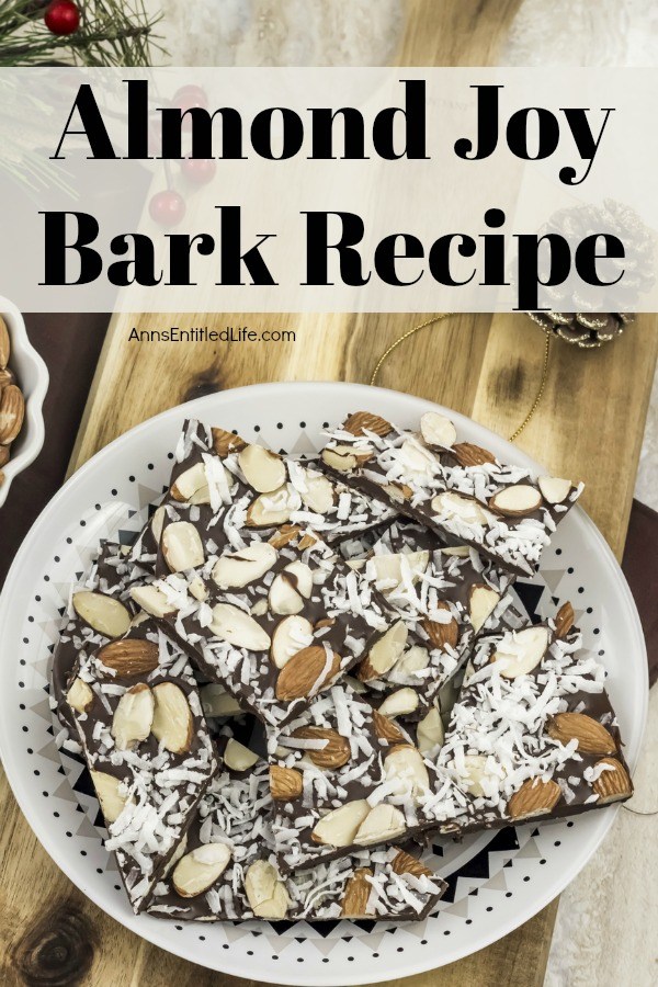 Almond Joy Bark Recipe. With all the classic flavors of an Almond Joy candy bar, this bark is rich and satisfying. Sweet coconut and decadent chocolate form the ultimate candy bark. This almond joy bark makes a perfect food-gift or a great addition to a holiday cookie platter or confection tray!