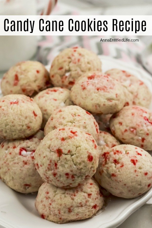 a white plate of round candy cane cookies on a pink and grey chevron background