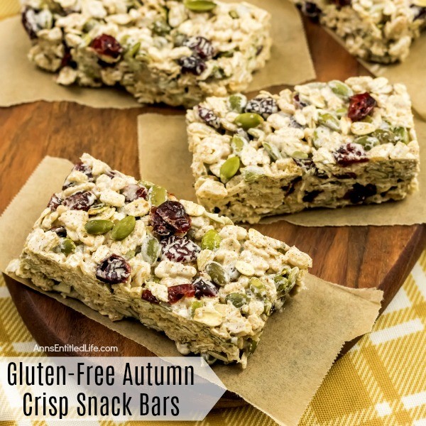 Gluten-Free Autumn Crisp Snack Bars Recipe. These terrific gluten-free autumn crisp snack bars are packed with fall flavors. Easy to make, these delicious treats are crunchy and oh so satisfying. Perfect for on-the-go, lunch boxes, or breakfast, these tasty snack bars are sure to become a family favorite!