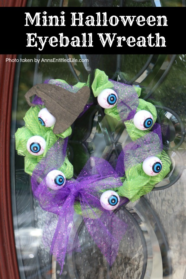 green tulle mesh wreath with purple bow and overlay, black wooden hat and hanger, hanging on a brown door with glass insert