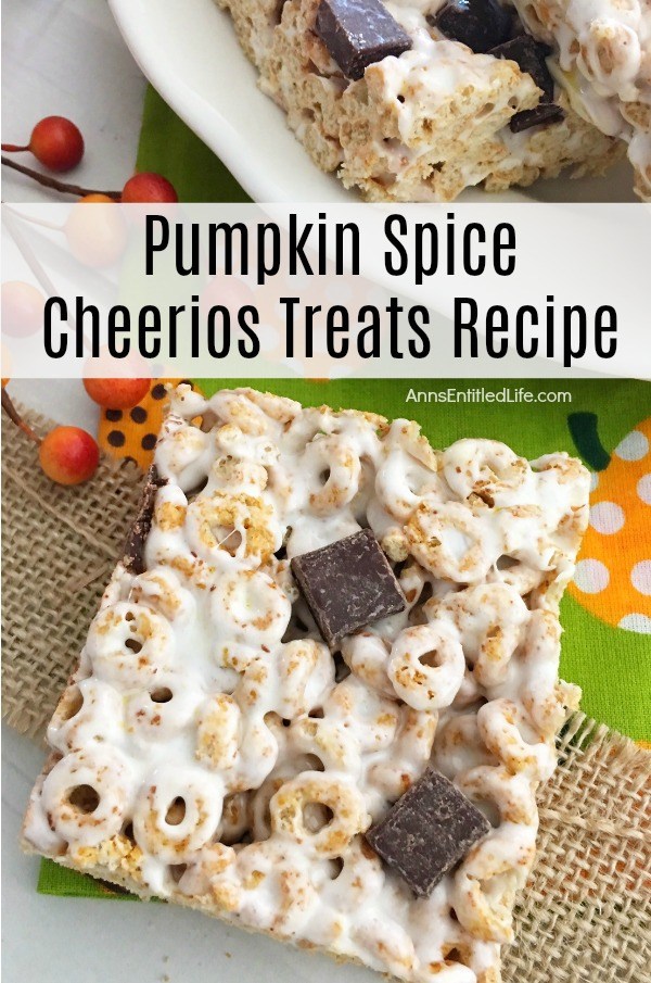 one square pumpkin spice Cheerios on top of a piece of burlap, with a second piece on a white dish