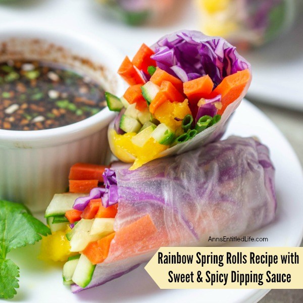 Rainbow Spring Rolls with Sweet and Spicy Dipping Sauce. These rainbow spring rolls are beautiful, delicious, and easy to make! Packed with fresh vegetables and dunked into the sweet and spicy dipping sauce, these spring rolls are a perfect snack, appetizer, or compliment to your dinner entrée. Yum!