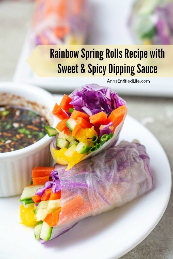 one spring roll sitting on top of another, vegetables showing outward, on top of a white plate, dipping sauce in a white ramekin on the left, two other rainbow spring rolls in the background