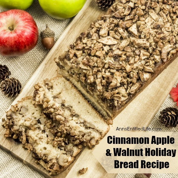 Cinnamon Apple and Walnut Holiday Bread Recipe. This great tasting cinnamon apple and walnut bread is perfect for breakfast, after-dinner dessert, or with a cup of coffee in the evening. The apple cinnamon combination makes this is a wonderful fall and winter loaf bread; the walnuts add some great texture. Moist and delicious, this is a fantastic, easy to make, loaf bread recipe.