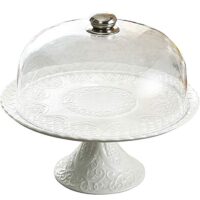 Jusalpha 12 Inches White Ceramic Decorative Cake Stand-Cupcake Stand with dome (CS01 - Plastic dome)