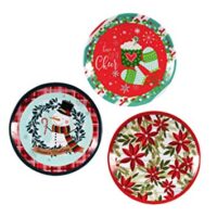 Set of Three Large Round Christmas Holiday Design Melamine Platter Dishes 13.75" D (Snowman, Poinsettia & Hot Cocoa)