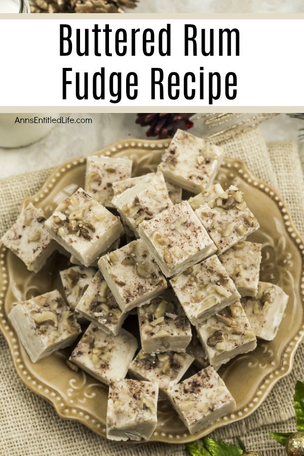 Overhead view of square cut pieces of butter rum fudge on a gold plate. The plate is set upon burlap.