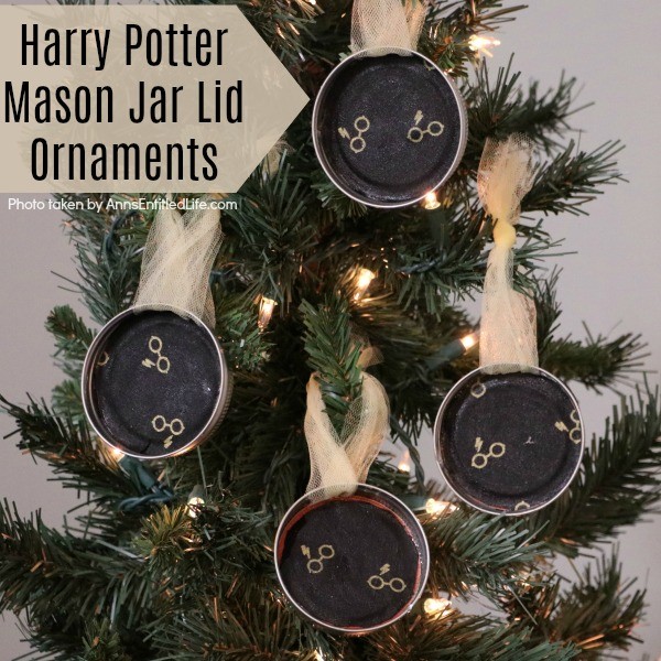 Harry Potter Mason Jar Lid Ornaments. Are you, or your children, Harry Potter fans? These easy to make Harry Potter Mason Jar Lid Ornaments come together in about 10 minutes! These are perfect for your holiday tree, to give as a gift, or for a Harry Potter or Hogwarts themed party.